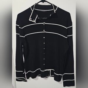 Cyrus Black White Contrast Trim Snap Button Mock Neck Sweater Top XL